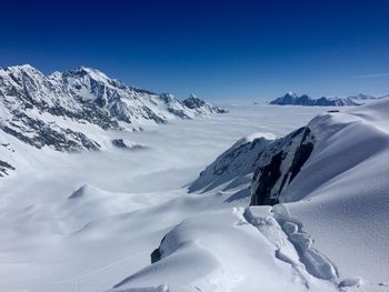 Scenic view of snow covered mountains against sky