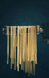 Stack of table against blue background