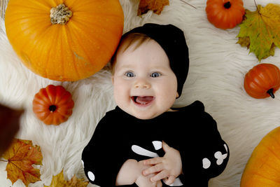 High angle view portrait of cute baby boy