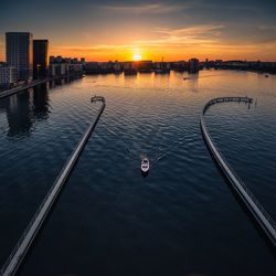 High angle view of boats in water at sunset. lake mälaren stockholm 