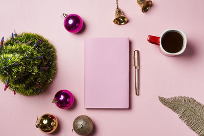 Directly above shot of christmas decorations on table