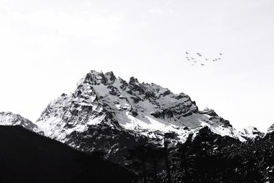 Low angle view of birds flying over mountain against sky