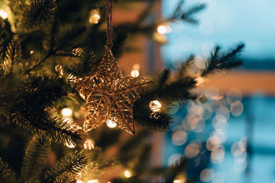 Close-up of illuminated christmas tree at night