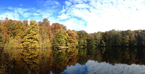 Scenic view of lake by trees against sky