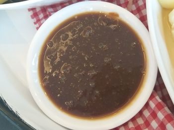 High angle view of tea in bowl on table