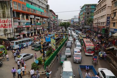 High angle view of vehicles on street in city