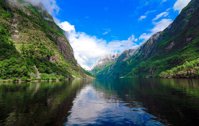 Scenic view of lake and mountains against sky