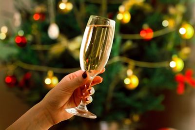 Cropped image of hand holding champagne flute against christmas tree