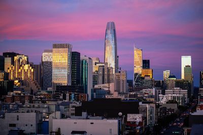 Modern buildings in san francisco against sky during sunset