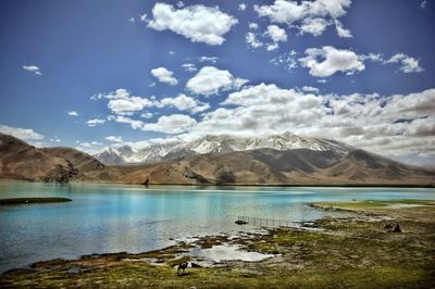 Scenic view of lake and mountains against sky