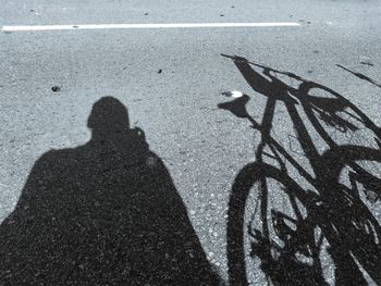 Shadow of person riding bicycle on road