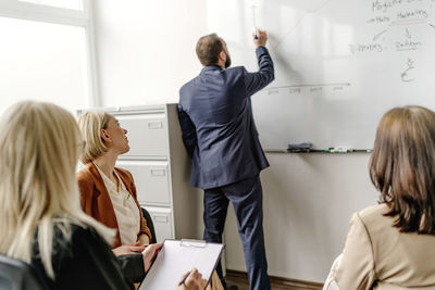 Female professionals looking at businessman writing on whiteboard during meeting in office