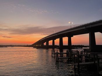 Bridge over river against sky during sunset