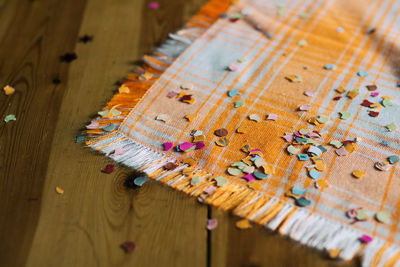 High angle view of textile on table