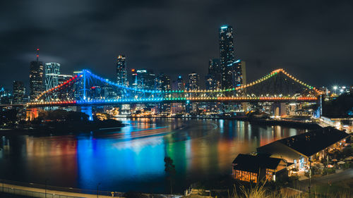 Illuminated bridge over river by buildings against sky at night