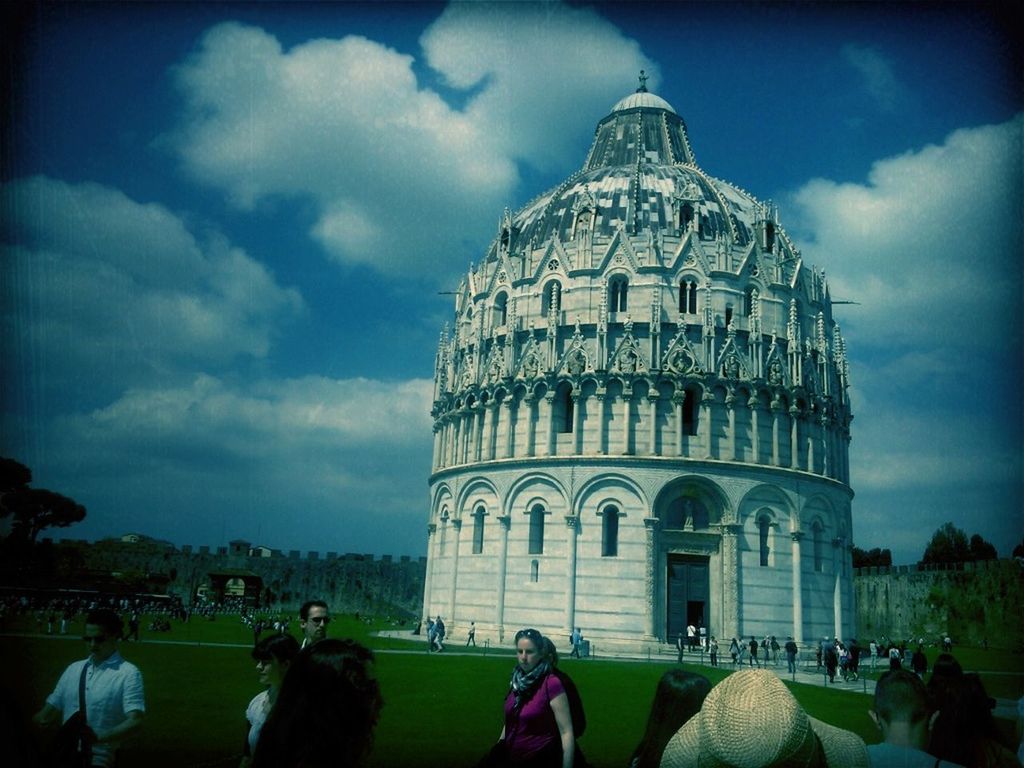 architecture, building exterior, built structure, sky, famous place, cloud - sky, travel destinations, large group of people, tourism, dome, men, person, travel, tourist, cloud, religion, lifestyles, grass, leisure activity