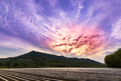 Scenic view of mountains against sky during sunset