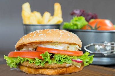 Close-up of burger on table