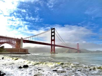 View of suspension bridge against cloudy sky