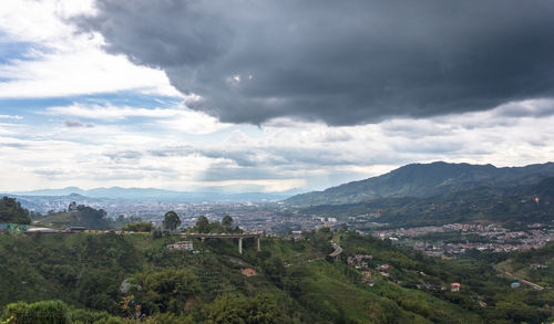 High angle view of buildings against sky