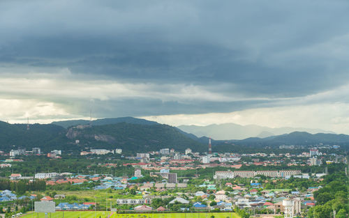 High angle shot of townscape against sky