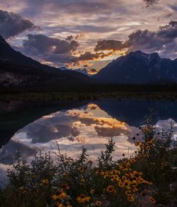 Scenic view of lake by mountains against sky
