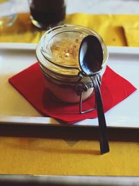 High angle view of drink in glass on table