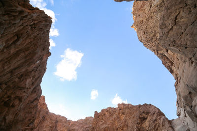 Low angle view of rock formations against sky