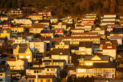 High angle view of houses in town