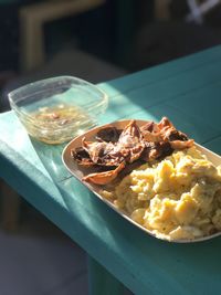 High angle view of breakfast served on table