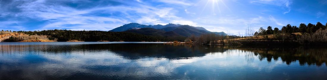 Panoramic view of lake and mountains against sky