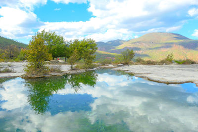 Scenic view of lake by trees against sky