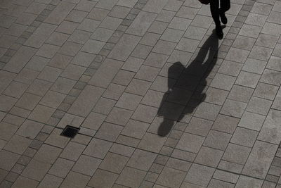 Low section of man walking on cobblestone