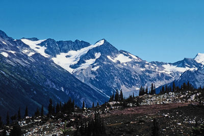 Scenic view of snowcapped mountains against clear blue sky