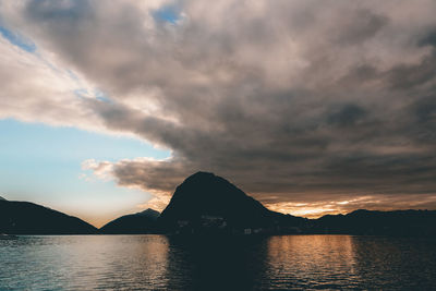 Scenic view of lake by silhouette mountain against sky