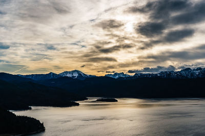 Scenic view of snowcapped mountains against sky during sunset