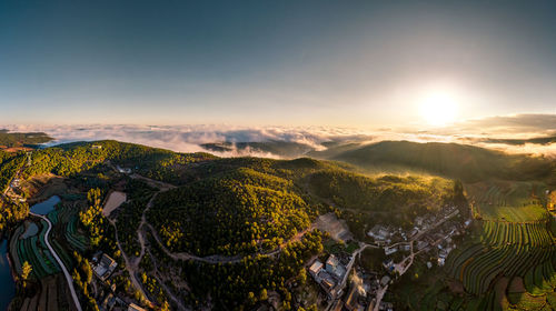 High angle view of landscape against sky during sunset