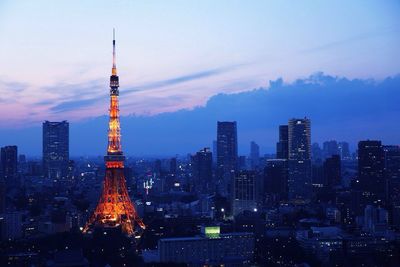 City skyline at sunset