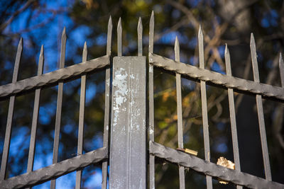 Close-up of metal fence against blue sky