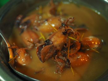 High angle view of soup in bowl