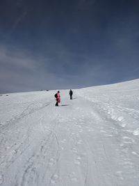 People walking on snowcapped mountain against sky