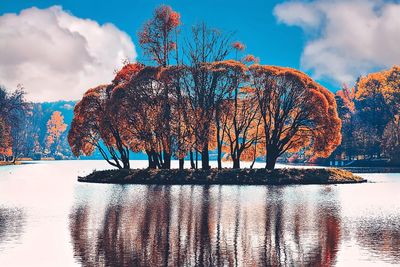 Trees by lake against sky during autumn