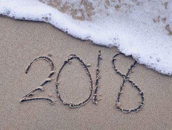 High angle view of text on beach