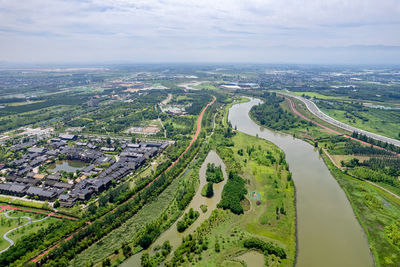 High angle view of cityscape against sky