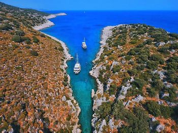 High angle view of boats on sea