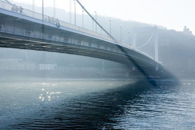 Bridge over river in city against sky