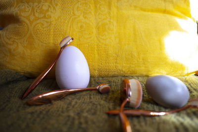 High angle view of eggs on table