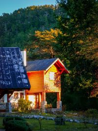 House amidst trees and buildings on field