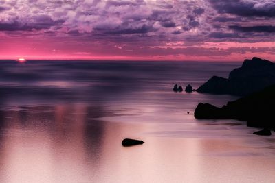 Scenic view of sea against cloudy sky during sunset