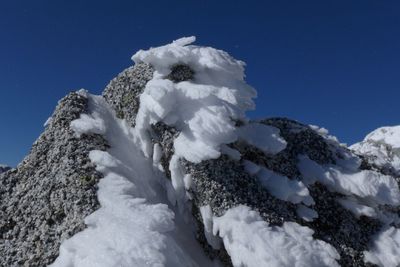 Low angle view of snow against sky